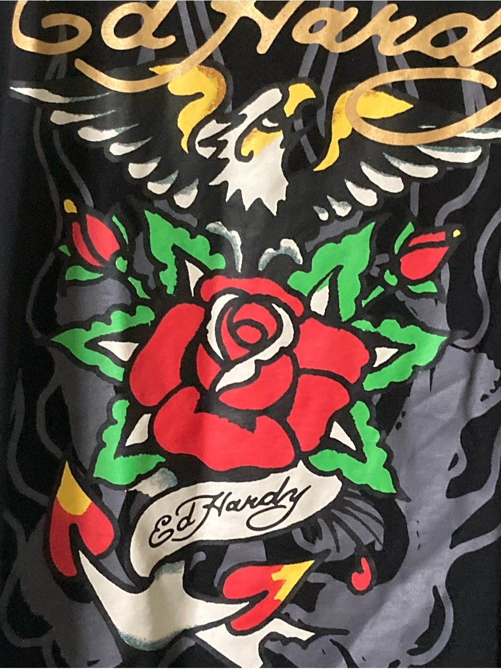 Ed Hardy Mens XL Black Tee with Red Rose, Green Leaves and Gold Script NEW - Picture 3 of 6